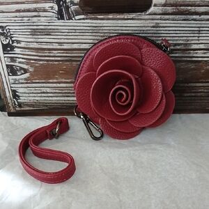 3D Leather Red Rose Coin Purse And Wristlet